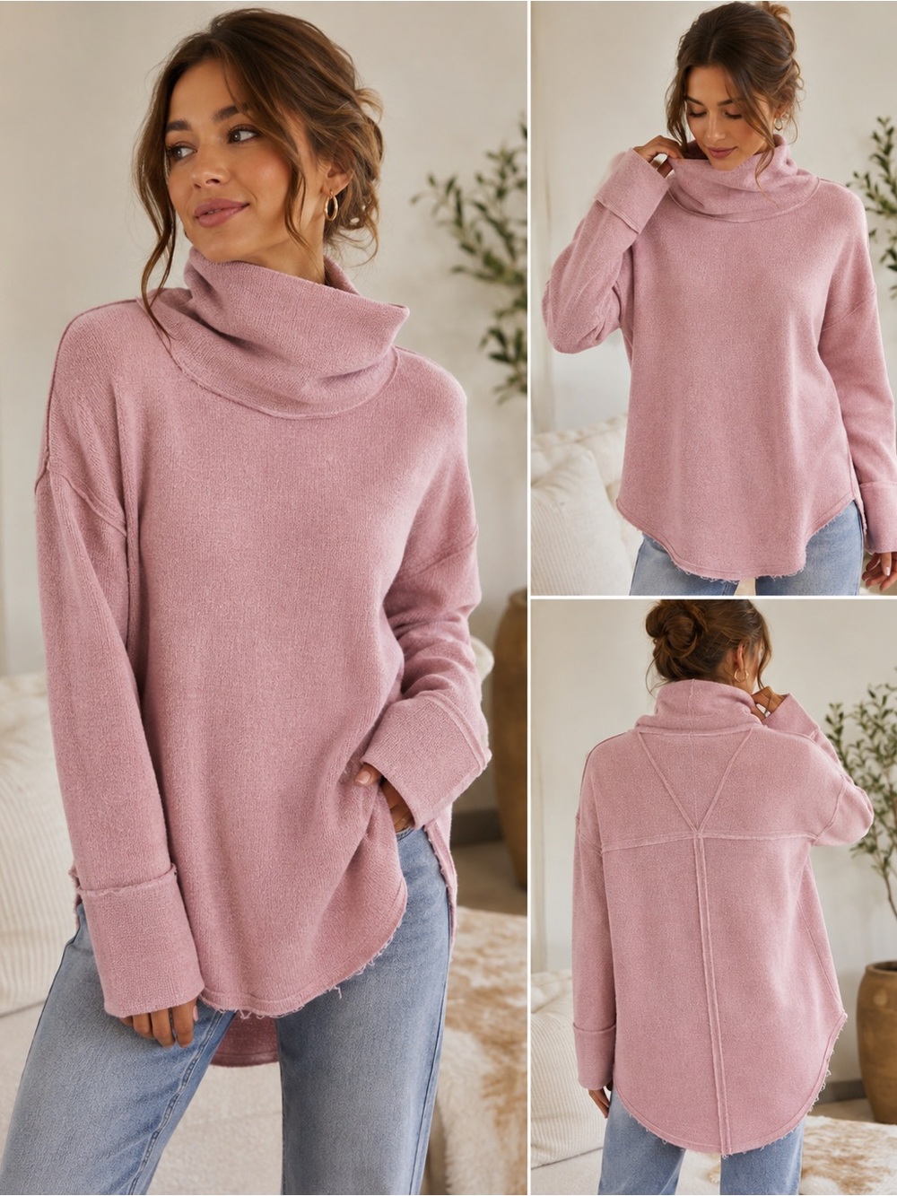 Dylan Pink Exposed Seam Oversized Turtleneck Sweater Tunic Small